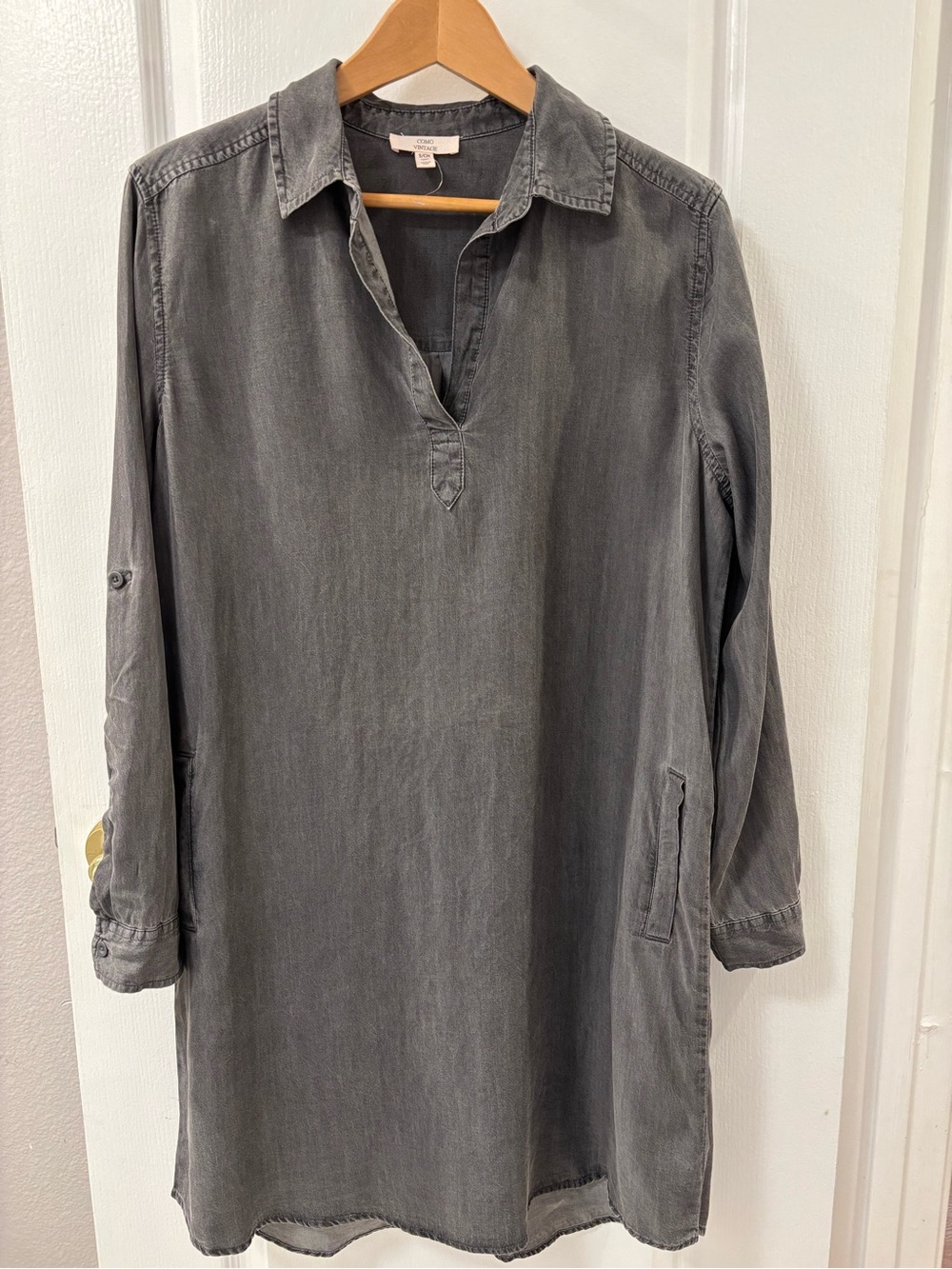 Como Vintage Washed Gray Lyocell Shift Dress Shirt Dress Casual Roll-Tab Sleeves